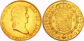 Peru 8 Escudos 1816 JP
KM# 129.1; Fernando VII. Gold (.875), 27.06g. AUNC with minor scratches. Remains of mint luster.