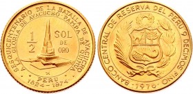 Peru 1/2 Sol de Oro 1976
KM# 268; 150th Anniversary - Battle of Ayacucho. Gold (.900), 9.35g. UNC.