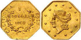 United States Fractional Gold-California 1 Dollar Octagonal 1860
KM# 13.3; BG-1102, 1103; Gold 0,67g.; Liberty head; XF+