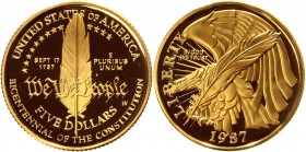 United States Constitution 5 Dollars 1987 S Original Box & Certificate
KM# 221; Gold (900) 8,36g.; Proof