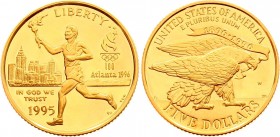 United States 5 Dollars 1995 W
KM# 261; XXVI Olympiad Torch Runner. Gold (.900), 8.359g. Proof.