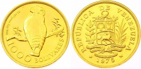 Venezuela 1000 Bolivares 1975
Y# 48.2; Cock of the Rocks, Smooth wings. Rare Variety! Gold (.900), 33.43g.