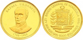 Venezuela 5000 Bolivares 1988 Rafael Urdaneta
KM# 62; 200th Anniversary of Rafael Urdaneta's birth. Gold (.900), 15.55g. Proof with hairlines. Mintag...