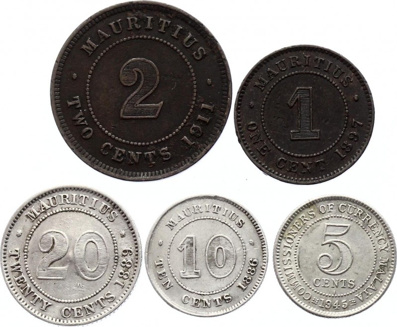 Mauritius - Malaya Lot of 5 Coins with Silver 1886 -1945
1 - 2 - 5 - 10 - 20 Ce...