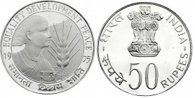 CHINA und Südostasien
Indien
Republik, seit 1947
50 Rupees Silber 1975 F.A.O. Frauenbüste und Kornähre.
Polierte Platte