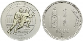 CHINA und Südostasien
Mongolei
Republik, ab 1992
1000 Tugrig Silber mit Gold-Einlage 1996 2 Fackelläufer. 5 Unzen Silber und 3,5 g Gold. Im Etui mi...