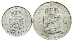 CHINA und Südostasien
Niederländisch-Ostindien
Wilhelmina I., 1890-1948
1/10 und 1/4 Gulden 1909. beide vorzüglich/Stempelglanz