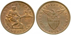 CHINA und Südostasien
Philippinen
Amerikanisch, 1898-1935
Centavo 1918 S, San Francisco. fast Stempelglanz, Prachtexemplar