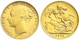 Ausländische Goldmünzen und -medaillen
Australien
Victoria, 1837-1901
Sovereign 1876 S, Sydney, Drachentöter. 7,98 g. 917/1000.
gutes sehr schön...