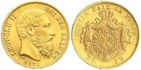 Ausländische Goldmünzen und -medaillen
Belgien
Leopold II., 1865-1909
20 Francs 1875. 6,45 g. 900/1000.
fast Stempelglanz, Prachtexemplar