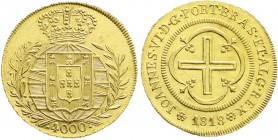 Ausländische Goldmünzen und -medaillen
Brasilien
Johannes VI., 1818-1822
4000 Reis 1818, Rio de Janeiro. 8,02 g. 917/1000.
fast Stempelglanz, Prac...