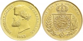 Ausländische Goldmünzen und -medaillen
Brasilien
Pedro II., 1831-1889
10000 Reis 1853, Kopf n.l. 8,96 g. 917/1000.
gutes vorzüglich, Randfehler