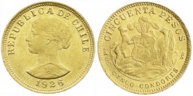 Ausländische Goldmünzen und -medaillen
Chile
Republik, seit 1818
50 Pesos 1926. 10,17 g. 900/1000.
vorzüglich/Stempelglanz, winz. Randfehler