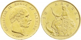 Ausländische Goldmünzen und -medaillen
Dänemark
Christian IX., 1863-1906
20 Kronen 1873 CS, 8,96 g. 900/1000.
vorzüglich