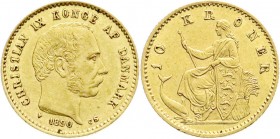 Ausländische Goldmünzen und -medaillen
Dänemark
Christian IX., 1863-1906
10 Kronen 1890 CS. 4,48 g. 900/1000.
sehr schön/vorzüglich