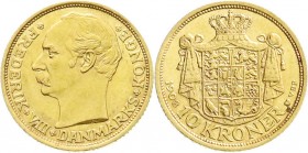 Ausländische Goldmünzen und -medaillen
Dänemark
Frederik VIII., 1906-1912
10 Kronen 1908. 4,48 g. 900/1000.
vorzüglich, Kratzer