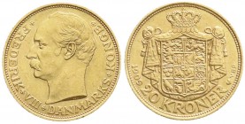 Ausländische Goldmünzen und -medaillen
Dänemark
Frederik VIII., 1906-1912
20 Kronen 1909. 8,96 g. 900/1000.
vorzüglich/Stempelglanz