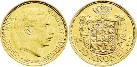 Ausländische Goldmünzen und -medaillen
Dänemark
Christian X., 1912-1947
10 Kronen 1913. 4,48 g. 900/1000.
vorzüglich