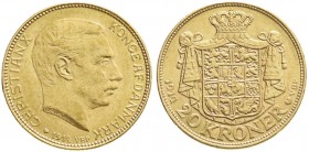 Ausländische Goldmünzen und -medaillen
Dänemark
Christian X., 1912-1947
20 Kronen 1914. 8,96 g. 900/1000
vorzüglich/Stempelglanz