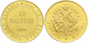 Ausländische Goldmünzen und -medaillen
Finnland
Alexander III., 1881-1894
10 Markkaa 1882 S. 3,23 g. 900/1000.
fast Stempelglanz, Prachtexemplar
