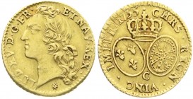 Ausländische Goldmünzen und -medaillen
Frankreich
Ludwig XV., 1715-1774
Louis d´or au bandeau 1755 C, Caen. 8,14 g. Dieser Jahrgang aus der Münzstä...