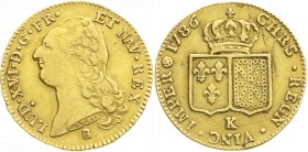 Ausländische Goldmünzen und -medaillen
Frankreich
Ludwig XVI., 1774-1793
Doppelter Louis d`or 1786 K, Bordeaux. 15,23 g.
gutes sehr schön, Kratzer...