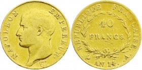 Ausländische Goldmünzen und -medaillen
Frankreich
Napoleon I., 1804-1814/15
40 Francs AN 14, Paris. 12,90 g. 900/1000.
sehr schön, leicht justiert...