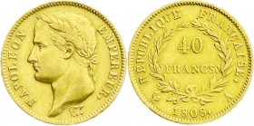 Ausländische Goldmünzen und -medaillen
Frankreich
Napoleon I., 1804-1814/15
40 Francs 1808 A, Paris. 12,90 g. 900/1000.
gutes sehr schön