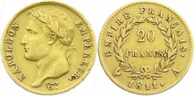 Ausländische Goldmünzen und -medaillen
Frankreich
Napoleon I., 1804-1814/15
20 Francs 1811 A, Paris. 6,45 g. 900/1000.
sehr schön