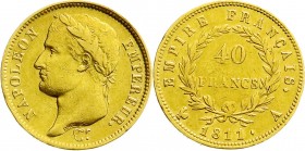 Ausländische Goldmünzen und -medaillen
Frankreich
Napoleon I., 1804-1814/15
40 Francs 1811 A, Paris. 12,9 g. 900/1000.
sehr schön, kl. Randfehler...
