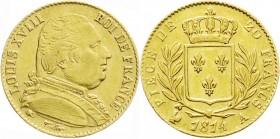 Ausländische Goldmünzen und -medaillen
Frankreich
Ludwig XVIII., 1814/1815-1824
20 Francs 1814 A, Paris. 6,45 g. 900/1000.
vorzüglich