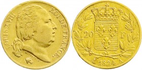 Ausländische Goldmünzen und -medaillen
Frankreich
Ludwig XVIII., 1814/1815-1824
20 Francs 1824 A, Paris. 6,45 g. 900/1000.
sehr schön