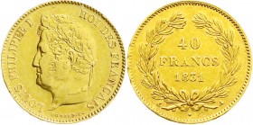 Ausländische Goldmünzen und -medaillen
Frankreich
Louis Philippe I., 1830-1848
40 Francs 1831 A, Paris. 12,83 g. 900/1000
fast vorzüglich