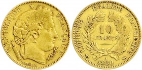 Ausländische Goldmünzen und -medaillen
Frankreich
Zweite Republik, 1848-1852
10 Francs Cereskopf 1850 A, Paris. 3,23 g. 900/1000.
sehr schön