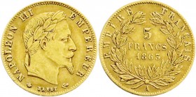 Ausländische Goldmünzen und -medaillen
Frankreich
Napoleon III., 1852-1870
5 Francs Kopf mit Lorbeerkranz 1863 A, Paris. 1,61 g. 900/1000.
gutes s...