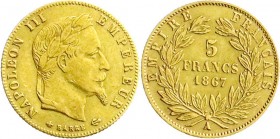 Ausländische Goldmünzen und -medaillen
Frankreich
Napoleon III., 1852-1870
5 Francs Kopf mit Lorbeerkranz 1867 A, Paris. 1,61 g. 900/1000.
sehr sc...