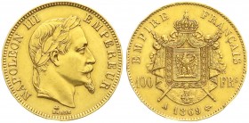 Ausländische Goldmünzen und -medaillen
Frankreich
Napoleon III., 1852-1870
100 Francs 1869 A, Paris. 32,25 g. 900/1000.
vorzüglich, Randfehler