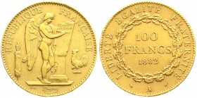 Ausländische Goldmünzen und -medaillen
Frankreich
Dritte Republik, 1871-1940
100 Francs stehender Genius 1882 A, Paris.
gutes sehr schön, kl. Rand...