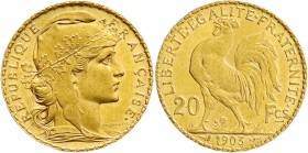 Ausländische Goldmünzen und -medaillen
Frankreich
Dritte Republik, 1871-1940
20 Francs Hahn 1903. 6,45 g. 900/1000.
prägefrisch