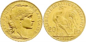 Ausländische Goldmünzen und -medaillen
Frankreich
Dritte Republik, 1871-1940
20 Francs Hahn 1910. 6,45 g. 900/1000.
Stempelglanz