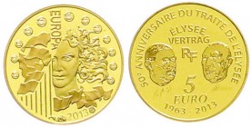 Ausländische Goldmünzen und -medaillen
Frankreich
Fünfte Republik, seit 1958
5 Euro 2013. 50 Jahre Elysee-Vertrag. 0,5 g. Feingold. Im Etui mit Zer...