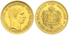 Ausländische Goldmünzen und -medaillen
Griechenland
Georg I., 1863-1913
20 Drachmen 1884 A. 6,45 g. 900/1000.
sehr schön/vorzüglich