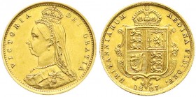 Ausländische Goldmünzen und -medaillen
Grossbritannien
Victoria, 1837-1901
1/2 Sovereign 1887. Wappen. 3,99 g. 917/1000.
vorzüglich/Stempelglanz...