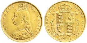 Ausländische Goldmünzen und -medaillen
Grossbritannien
Victoria, 1837-1901
1/2 Sovereign 1892, Wappen. 3,99 g. 917/1000.
vorzüglich