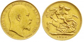 Ausländische Goldmünzen und -medaillen
Grossbritannien
Edward VII., 1902-1910
1 Sovereign 1906. 7,99 g. 917/1000.
sehr schön/vorzüglich