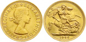 Ausländische Goldmünzen und -medaillen
Grossbritannien
Elisabeth II., seit 1952
1 Pfund (Sovereign) 1966, Drachentöter. 7,99 g. 917/1000.
prägefri...
