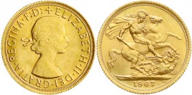 Ausländische Goldmünzen und -medaillen
Grossbritannien
Elisabeth II., seit 1952
1 Pfund (Sovereign) 1967, Drachentöter. 7,99 g. 917/1000.
prägefri...