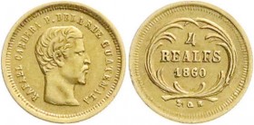 Ausländische Goldmünzen und -medaillen
Guatemala
Republik
4 Reales 1860. 0,8459 g. 875/1000.
vorzüglich