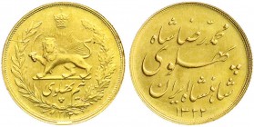 Ausländische Goldmünzen und -medaillen
Iran
Mohammed Reza Pahlavi, 1941-1979
1/2 Pahlavi SH 1322 = 1943. 4,07 g. 900/1000. Interressanter Materialü...