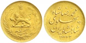 Ausländische Goldmünzen und -medaillen
Iran
Mohammed Reza Pahlavi, 1941-1979
Pahlavi SH 1322 = 1943. 8,14 g. 900/1000.
prägefrisch